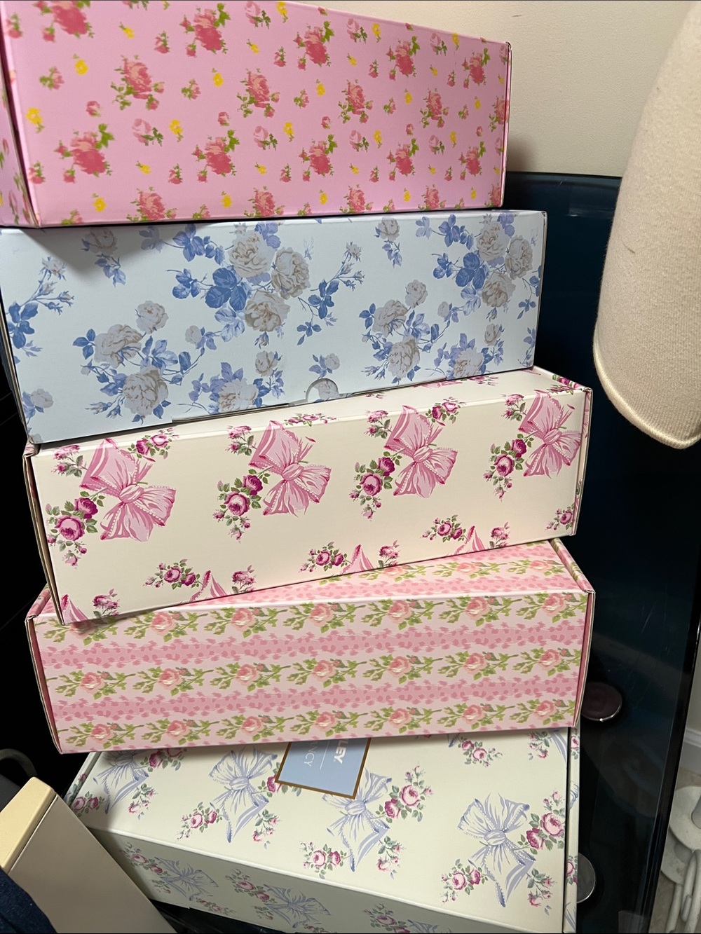 LoveShackFancy Floral Stacked Storage Boxes in Pink and Blue